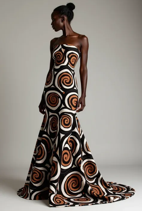 Design a flowing gown inspired by traditional Imigongo patterns, incorporating bold black, white, and earthy brown geometric swirls. Add a modern twist with a fitted bodice and subtle beadwork, reflecting the artisanal craftsmanship of Rwandan culture