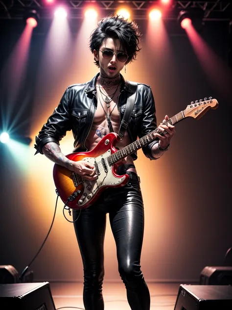 (best quality,4k,highres,masterpiece:1.2),ultra-detailed,poster,retro,70s Rock and Roll Singer,short black hair,sunglasses,skinny body,dark 黒い皮のスボン,pants,belt,plays electric guitar,full body,vibrant colors,,dynamic pose,engaging expression,hippie fashion,t...