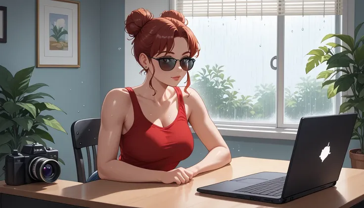 "A cozy and cinematic bedroom with a dark, rainy atmosphere featuring A woman big bobs with short wavy auburn hair tied in a loose bun, wearing a lush red tank top and fit jeans, The woman is focused on typing on a laptop placed on the desk. The room is il...