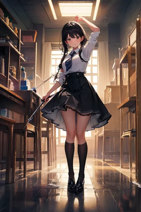 High image quality, high resolution, smooth gradation, vivid colors, Dancing with skeletons, a dimly lit school specimen room, a girl wearing a white smock and sling cleaning, mopping the specimens in glass, a black student uniform, black stockings, black ...