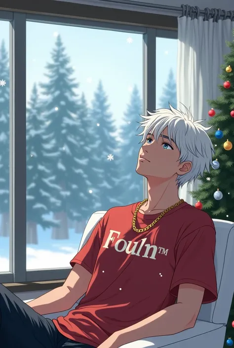 Create an anime-style illustration of a young man with white hair, but keep it subtle and not overly exaggerated. He is wearing a reddish t-shirt with the text FoulmTM printed on it, and he has a luxurious gold chain around his neck, emphasizing his wealth...