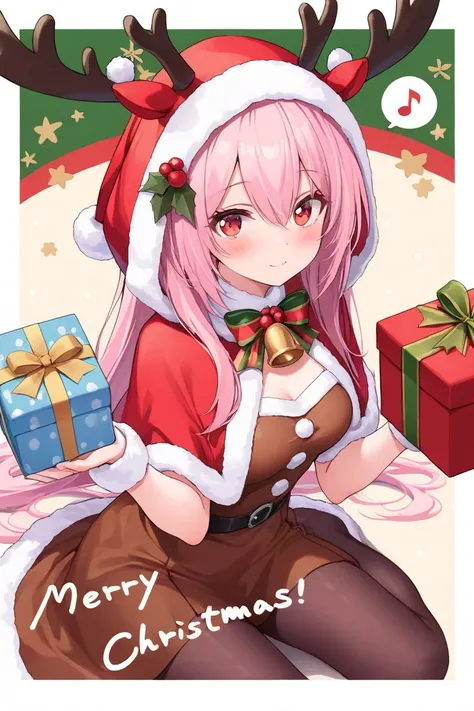 1girl,cute,kawaii,cool,pink hair,long hair,beautiful red eyes,(reindeer costume),brown clothes,fur trim,neck bell,holding gift,bokhe,Christmas,spoken musical note,background,((4k,8k,Ultra HD)),((Masterpiece :1.2)),((Best quality :1.2)),((Detailed :1.5)),ab...