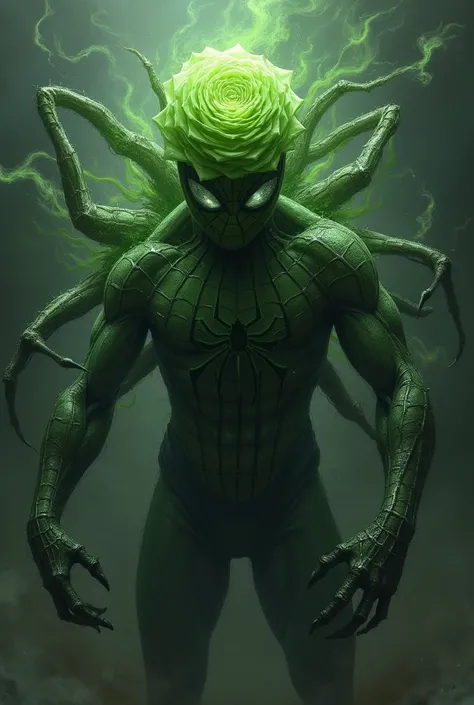 Spider man and green rose  hybrid monstrous realistic 