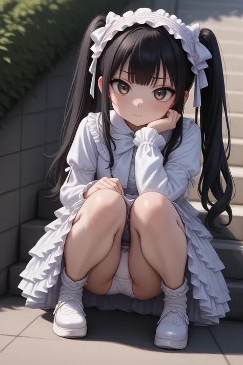  panties in full view,White panties,Cute Panties, pretty girl,, black hair, long hair, Twin Tails ,( troubled face),Lolita Clothing, squats,outside,8k, high image quality, high definition 