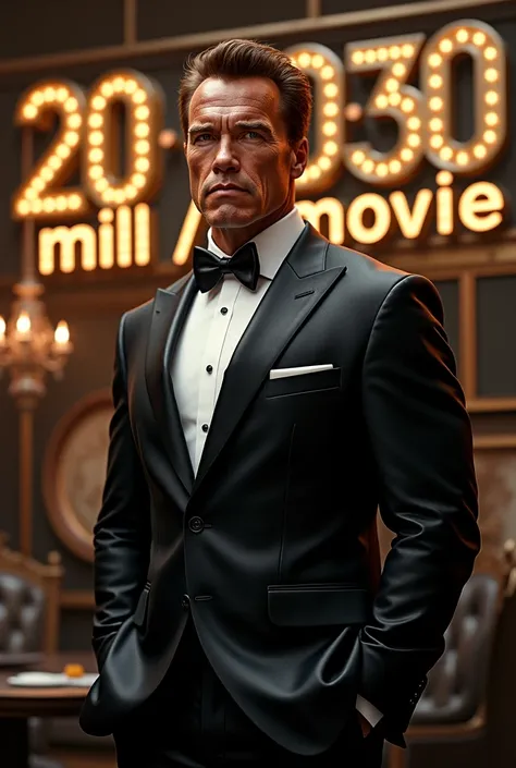 Arnold Schwarzenegger standing in a movie set, polished suit, "20-30 MIL/MOVIE" in golden text