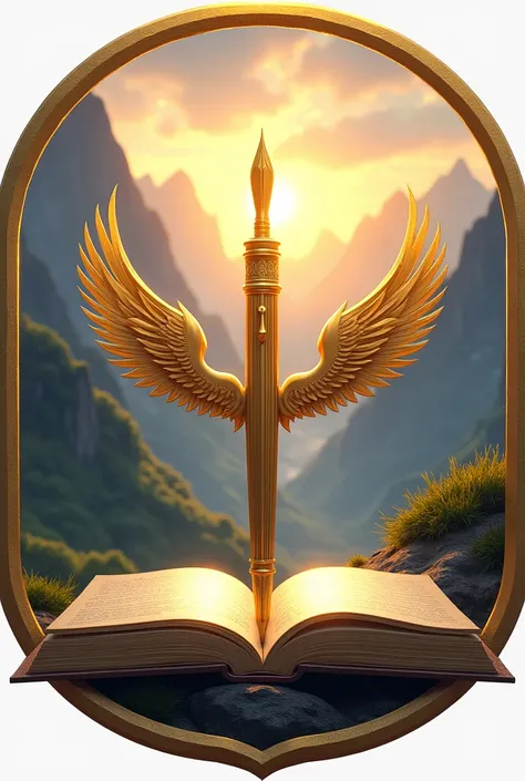 emblem.  In the middle, let the golden pen stand in a book with the tip of the line open.  Let the pen be like wings . Behind are high mountains ,  and let the sunlight shine .  All this is inside a circle 