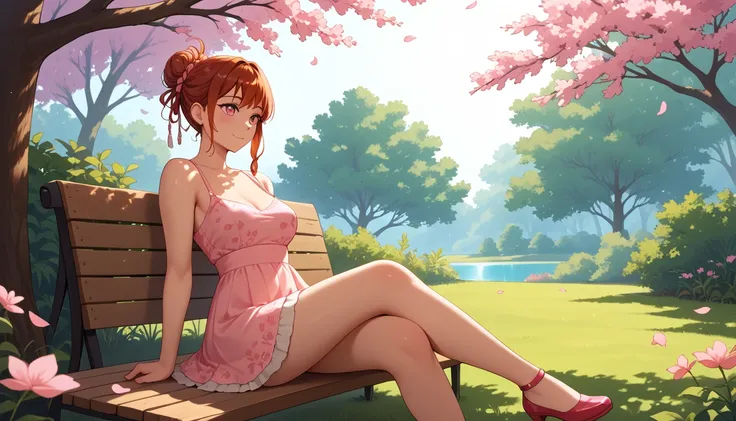 "A woman with short auburn hair styled into a messy bun sits gracefully on a wooden bench in a stunning garden filled with blooming sakura trees and colorful leaves. She wears a delicate, flowing mini dress that drapes naturally around her form, catching t...