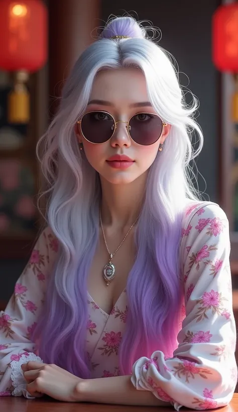  woman with purple hair and glasses sitting at a table, gorgeous lady, angie glocka, highly aesthetic, profile pic, her hair is white, lilac hair, with sunglasses, white hair color, flowy white grey hair, highly colorful, with sunglass, olga buzova, cute w...