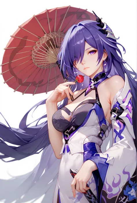 1 girl, acheron, purple eyes, purple hair, very long hair, hair over one eye, hair ornament, earringssolo,  high resolution ,  long hair ,  purple hair , big boobs,  purple eyes ,  closed mouth ,  simple background,  Acheron , Honkai star rail 