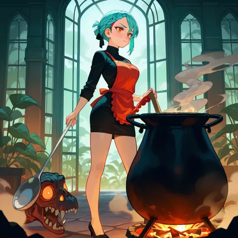 1girl, full body, huge cauldron, smoke from cauldron, mixing with long spoon, (best quality), 8k, masterpiece, aqua hair, short hair, braided bangs (hairstyle), calm, BREAK, orange eyes, blushing:1.2, scary face, BREAK, freckles, BREAK, perfect face, mediu...