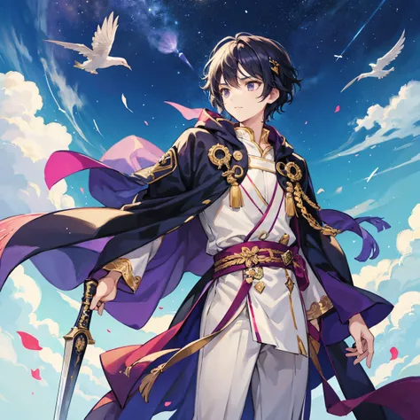 Prince, Wizard, Robe, Navy Hair, Short Hair, fantasy, fight, Clear skies, Swordsman,March 