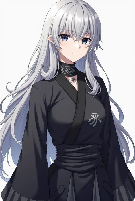 Give me an image of an anime character with these traits falling into the infinite castle 

physicist
1. Hair:  Long Gray ,  silky and wavy , falling to the waist.
2. eyes:  deep blacks ,  almost absorbing light ,  with intense expression .
3. First:  alab...