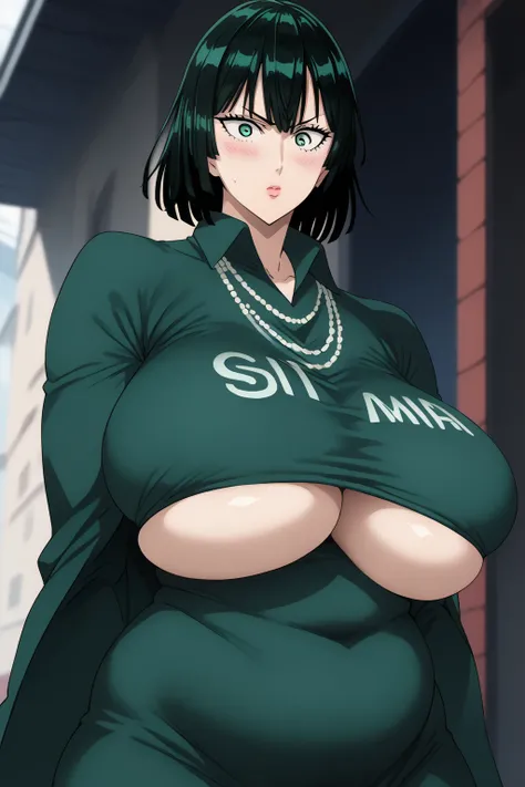 Fubuki (one-punch man), Black Hair,  short hair,  green eyes,
 dark green coat ,  Long Sleeve , clavicle,  huge breasts,   necklace, gem,  dark green dress,    score_9,   score_8_up,   score_7_up,   score_6_up,   score_5_up,   score_4_up,     masterpiece  ...