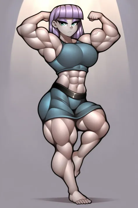 zvu, (maud pie:1.3), my little pony, g4, (equestria girls), solo, human, colored skin, gray skin, green eyes, purple eyeshadow, eyelashes, expressionless, closed mouth, purple hair, straight bangs, muscular female, huge muscles, vein bulge, busty, huge bre...