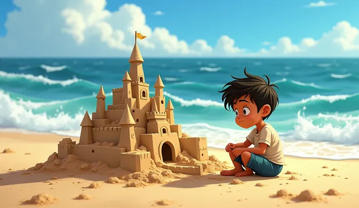  A  named João , of about s,  sitting on the sand of a sunny beach ,  trying to build a large sand castle .  Waves of the sea start invading the castle ,  tearing down his towers . João seems frustrated ,  with an expression of sadness and stubbornness . T...