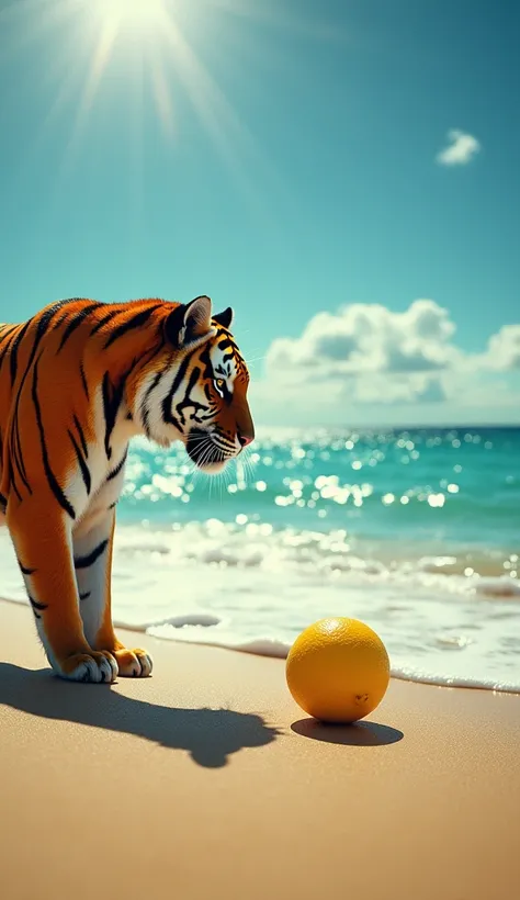 A cinematic daytime scene at the edge of a bright, sandy beach, where a majestic tiger and a vibrant yellow lemon face each other. The tiger stands powerfully on the warm sand, its orange and black striped fur glistening under the blazing midday sun. Its p...