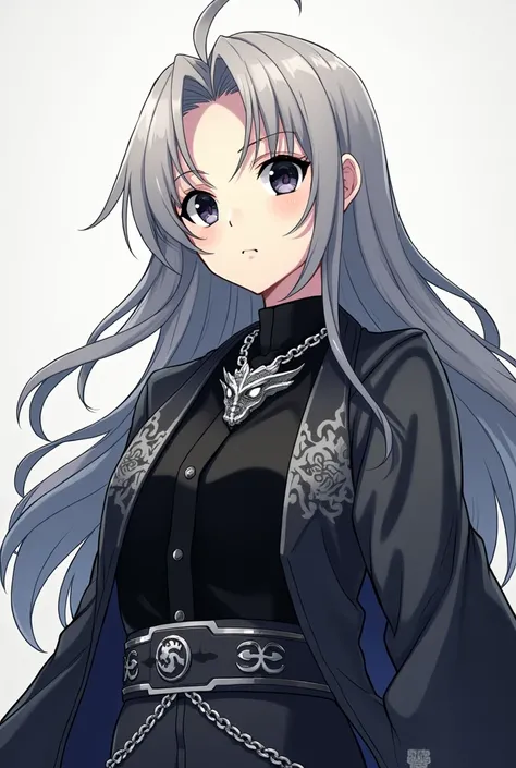 Give me an image of an anime character with these characteristics in the infinite castle:

physicist
1 . Hair:  Long Gray ,  silky and wavy , falling to the waist.
2. eyes:  deep blacks ,  almost absorbing light ,  with intense expression .
3. First:  alab...