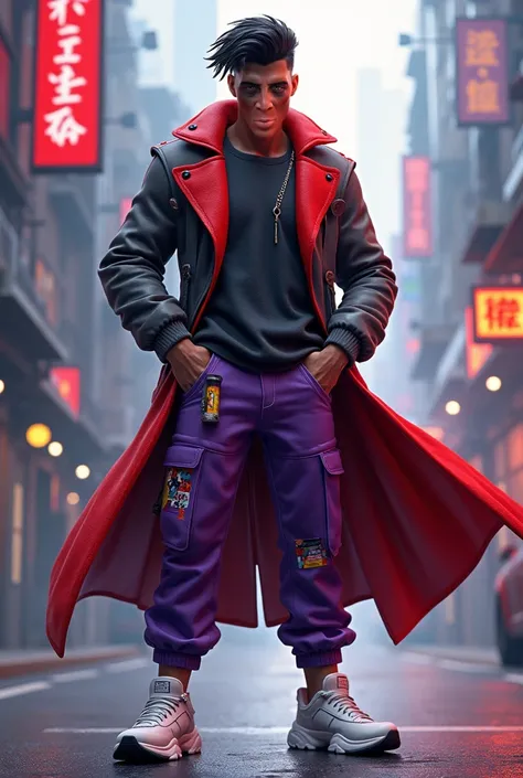 masculine,  gamer , red and gray breasted coat , purple pants with colorful details white sneakers 