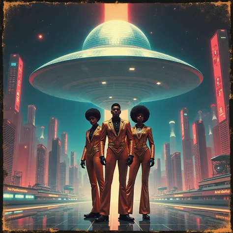 Futuristic City, Disco ball Spaceship, A Weathered 1976 Photorealistic Vinyl Album Cover "Space Soul" for the Funky Parliament Funkadelia Black Audaciously Dressed disco trio 1976 Funk band album
