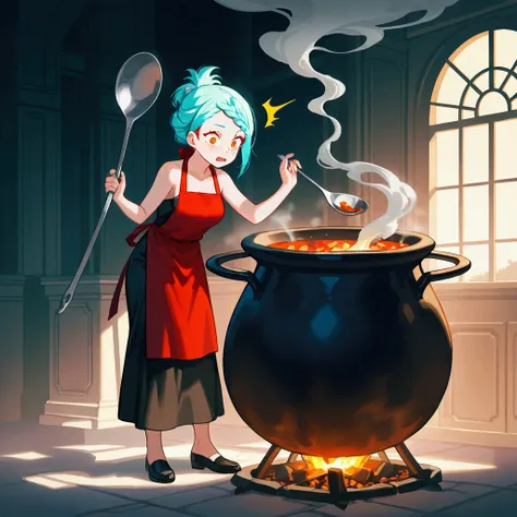 1girl, full body, huge cauldron, smoke from cauldron, mixing with long spoon, (best quality), 8k, masterpiece, aqua hair, short hair, braided bangs (hairstyle), calm, BREAK, orange eyes, surprised face, freckles, BREAK, perfect face, medium breasts, BREAK,...