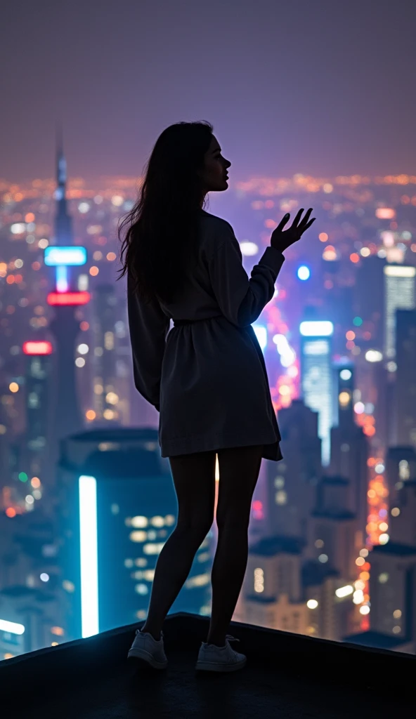 Creating a 4K image of a bustling city, a woman stands on the roof of a high-rise building. The neon lights of the city flash behind her. The bright night sky and bright artificial light make a sharp difference on her features. The strobist technique captu...