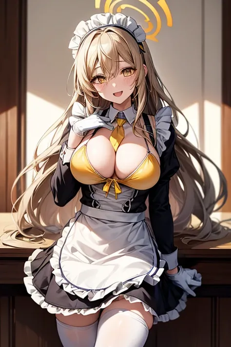 akane murokasa,(((yellow maid sexy bikini))), frills, halo, very long hair, blonde hair,yellow eyes,, 1girl, maid cafe, maid headdress, blue necktie, white pantyhose, brown scarf, white gloves, cafe, thighhighs, cleavage, Very detailed、highest quality、Best...