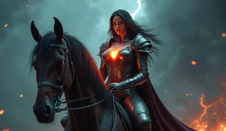 A dark fantasy scene with a powerful big breast woman riding a storm on a warhorse, her eyes glowing fiery red. She wears sleek, metallic armor with sharp edges, her face set in a determined, fierce expression. The stormy sky swirls with lightning, illumin...