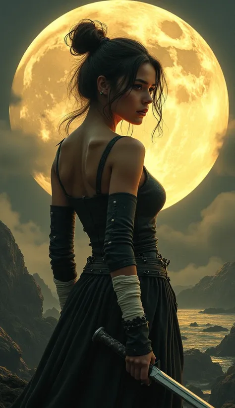 A young woman with dark brown hair gathered in a careless bundle, standing against a huge moon. She has an expressive face with a determined look directed slightly away from the viewer. Her skin has an olive tint.The woman is wearing a dress or tunic of da...