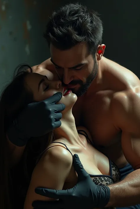 A sexy man who wears surgical gloves and covers a girls mouth with his hand 