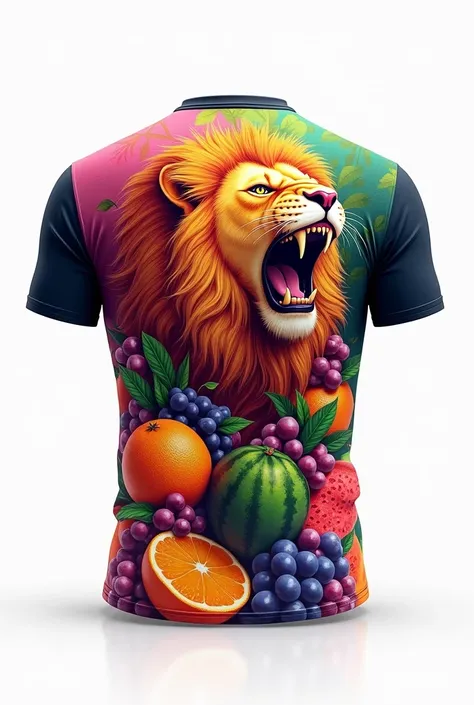 Sports soccer t-shirt with white background on the t-shirt with the logo of a roaring lion on the back and tangerine fruits ,grapes and watermelon  