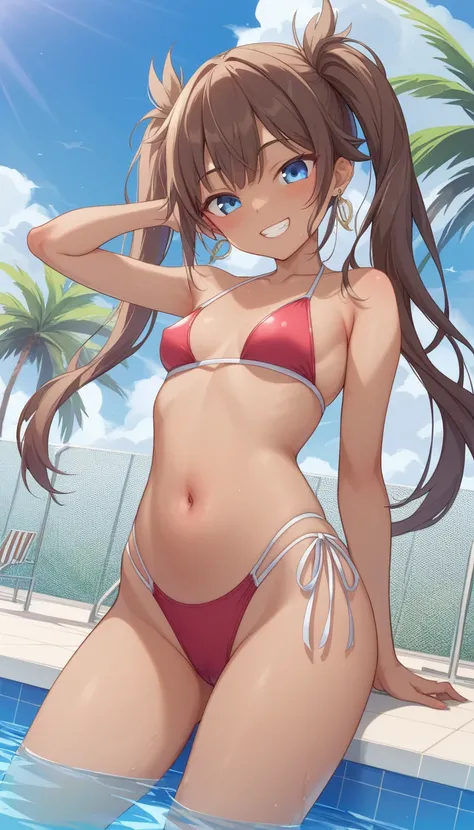 (8k、 highest image quality taken by Ki、 top quality 、masterpiece)、 detailed face 、 1 girl、 blondes、 Twin Tails 、 blue eyes、After sunburn、 earrings、 wicked smile、teeth、Green、((Brown Skin:1.0))、 small breasts、 swimsuit、 Wakino、 cowboy shot、 blue sky、 pool ba...