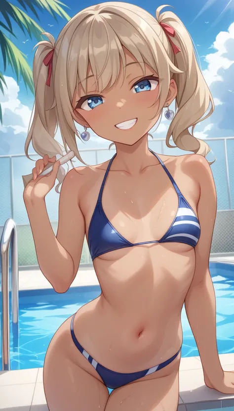 (8k、 highest image quality taken by Ki、 top quality 、masterpiece)、 detailed face 、 1 girl、 blondes、 Twin Tails 、 blue eyes、After sunburn、 earrings、 wicked smile、teeth、Green、((Brown Skin:1.0))、 small breasts、 swimsuit、 Wakino、 cowboy shot、 blue sky、 pool ba...