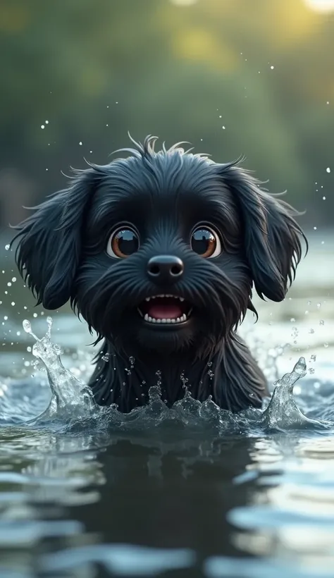 the next day his friend anthropomorphic cute black dog was falling in the water, so cut black dog crying for help