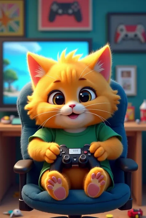 Tom the fluffy yellow cat ,wear green t-shirt and blue soft fluffy fur,is sitting in a gaming chair, his paws gripping a video game controller. His room is filled with gaming posters, a glowing flat-screen TV, and a messy desk with snacks and toys. Toms bi...