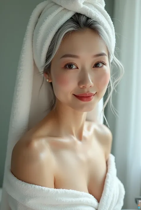 Extremely photorealistic a beautiful youthful looking gray haired Chinese  women with a smooth face wearing a lot of makeup and a lipstick as a 50 years old wom an wearing a shower gown with a towel on her head and cleansing at the sink