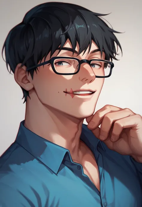 Guy, blue polo, cute posing, anatomy, good anatomy, perfect anatomy, male anatomy, glasses, black hair,