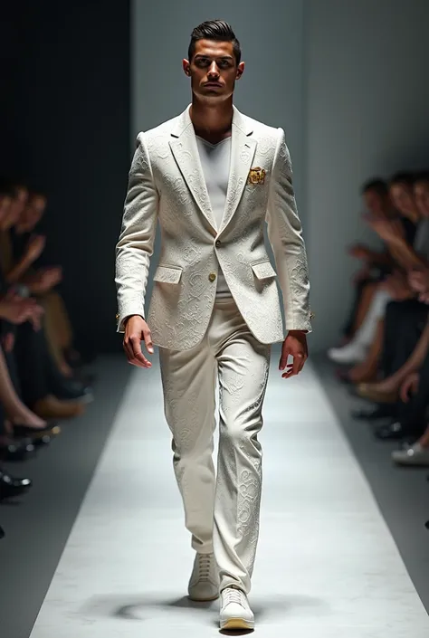  Create a stylish Cristiano Ronaldo in the 10 jersey walking down a haute couture runway. He is wearing a luxurious outfit decorated in white., with a textured jacket ... 