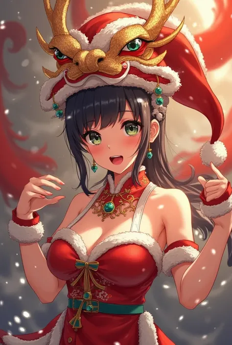 santagirl,chirtsmas,(person in traditional Chinese attire, intricate designs, vibrant colors, majestic elaborate dragon headpiece, ancient four divine beasts, swirling colors and patterns, mystical and mythical theme, ANCIENT FOUR DIVINE BEASTS text, BULIA...