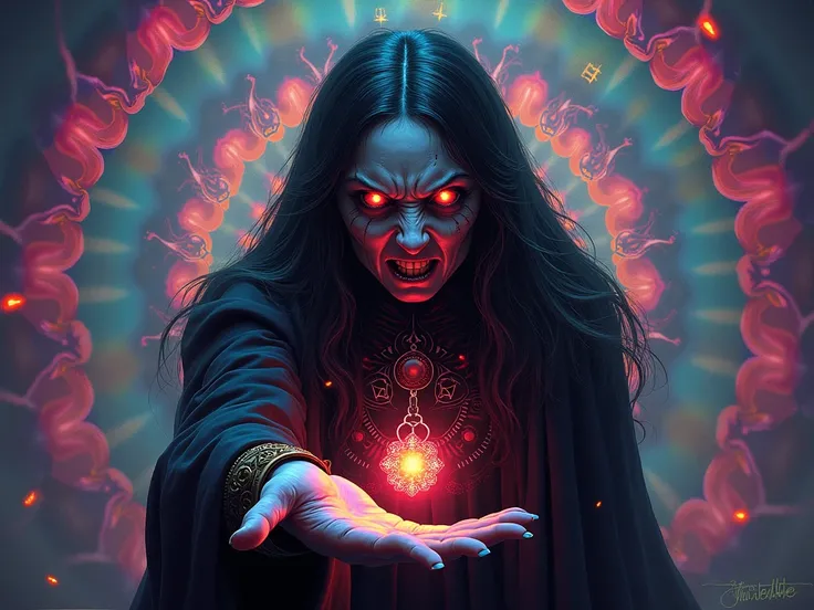 Create the image of a psychedelic evil witch with an open hand 

