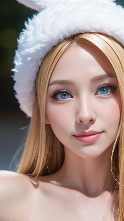 A stunning 20-year-old blonde girl with blue eyes, wearing a fluffy bunny hat with long droopy ears, smiling in an Instagram-style flash selfie. She has sparkly Douyin-style makeup, long lashes, cute blush, and an unbelievably beautiful, hyper-realistic ap...