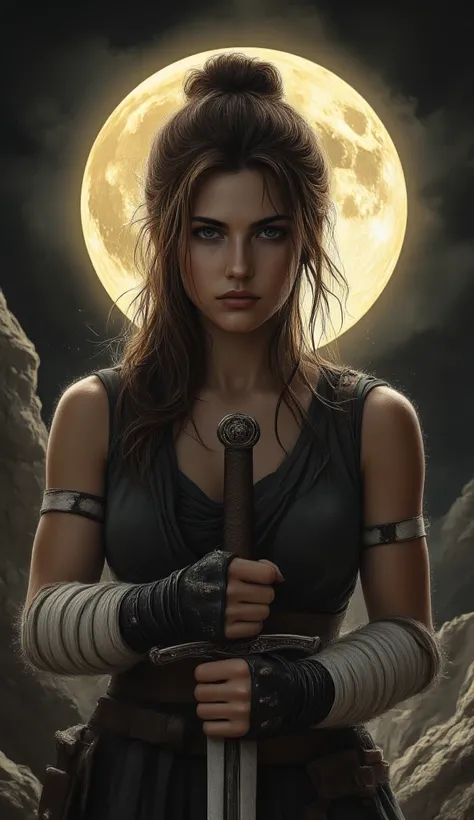 A young woman with dark brown hair gathered in a careless bundle, standing against a huge moon. She has an expressive face with a determined look directed slightly away from the viewer. Her skin has an olive tint.The woman is wearing a dress or tunic of da...