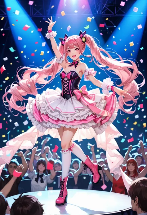 (Must-have items), ( top quality ),  very detailed, (( 1 girl)),   solo full body shot，viewer&#39;s perspective，Dancing，(smile)，， perfect face,  beautiful face,  very detailedな顔，(( pink hair_Curl Twintail Long Hair _ pink eye:1.3))， Gorgeous idol costume ，...