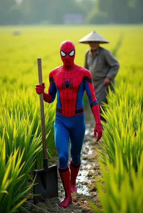 Cosplayer Spiderman is carrying a hoe in a rice field with a farmer background farmer, rice and water  