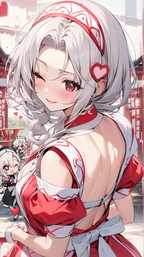 ( top quality , ),  beautiful women (One eye is red:1.2), elements. well-groomed face 、 Shy Expression 、 Silver Hair、 red eyes、smile( heart in eye、one eye closed)、A beautiful shrine maiden、 one eye is covered by hair、 1 girl、 back view,   chibi 、 maid clot...