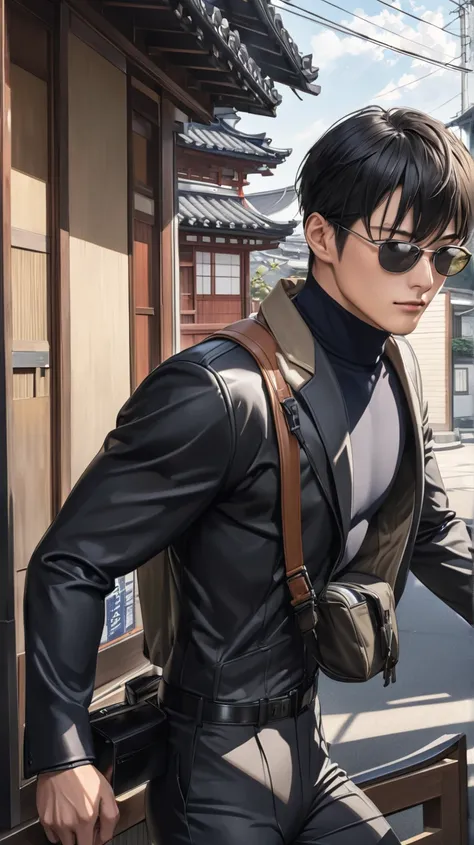 (photorealism:1.2), very Handsome japanese man, 22-27 year-old, tight suit, he is a spy, wearing  sun glasses, hiding, doing mission, 