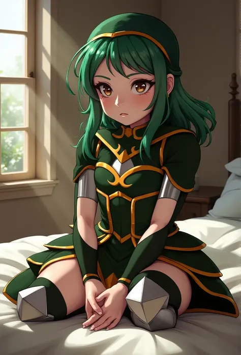 girl, armor, squatting, in bed, full body