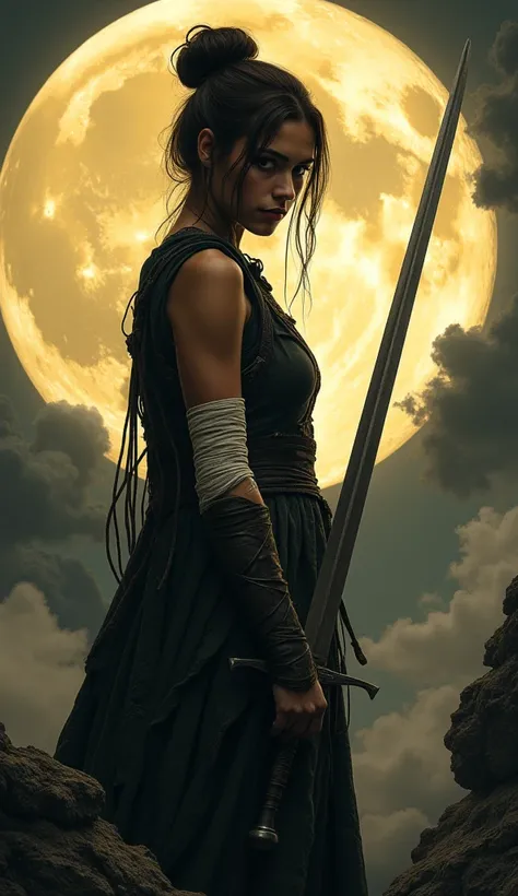 A young woman with dark brown hair gathered in a careless bundle, standing against a huge moon. She has an expressive face with a determined look directed slightly away from the viewer. Her skin has an olive tint.The woman is wearing a dress or tunic of da...