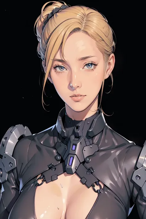 Frontal portrait:1，Sci-fi costumes ，  Big Mature Woman  ， blond，Broad shoulders，   showing off her cleavage ，   Detailed Mech Details ，  pretty eyes， exquisite face ，masterpiece，  black background