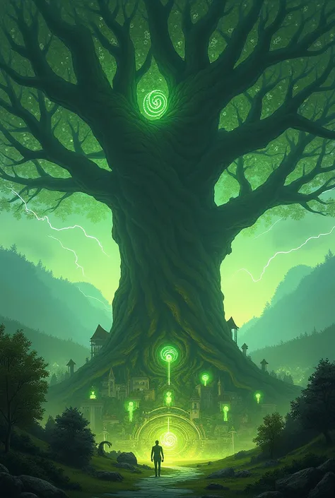  A massive tree with far-reaching roots protects a village from falling lightning, While magical shields of green energy envelop the landscape .