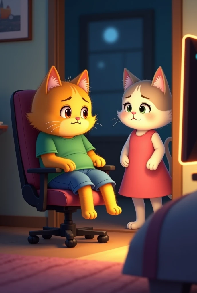 Tom the Cat’s Mom Tells Him to Go to Bed.
Prompt: Tom, the fluffy yellow cat, wear green t-shirt and blue, looks disappointed as his mom,wear pink dress,an elegant cartoonish cat with soft fur, stands in the doorway of his bedroom, asking him to go to bed....